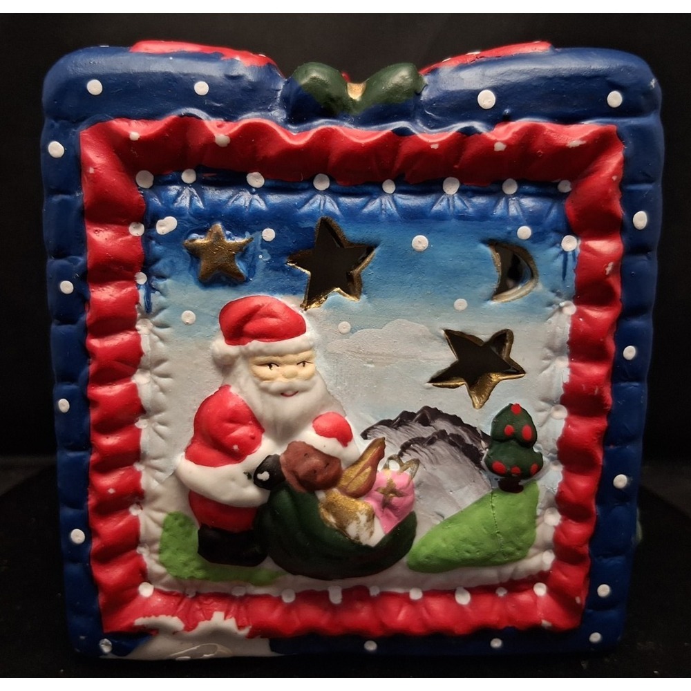 Vintage Ceramic Christmas present luminary w/Santa & gifts scene/votive candle